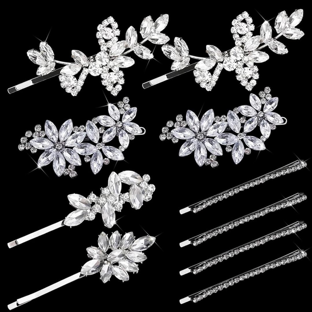 10pcs Crystal Flower Bridal Hair Clips for Women Girls Rhinestone Wedding Hair Clips For Brides Jewelry Barrette for Brides (silver)