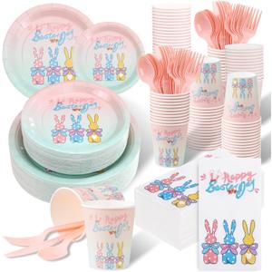 EI 210pcs Easter Paper Plates and Napkins Easter Spring Bunny Plates Disposable Heavy Duty Paper Plate Pink Kinves Spoons Forks Cups for Birthday Spring Tea Party