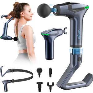 Detachable 3-in-1 Massage Gun with Extension Handle & Massage Strap, Back Pain Relief Percussion Muscle Massager for Neck Shoulder, 12 Speeds &12mm Amplitude for Hard-to-Reach Areas, Quiet & Portable