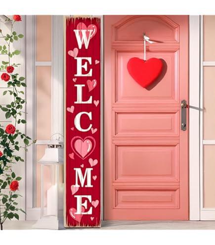 Valentines Day Porch Sign Love Heart Welcome Sign Vertical Standing Sign For Front Porch Decor Farmhouse Wall Hanging for Patio Yard Party Indoor Outdoor Spring Holiday Decoration 47.2"H Pink