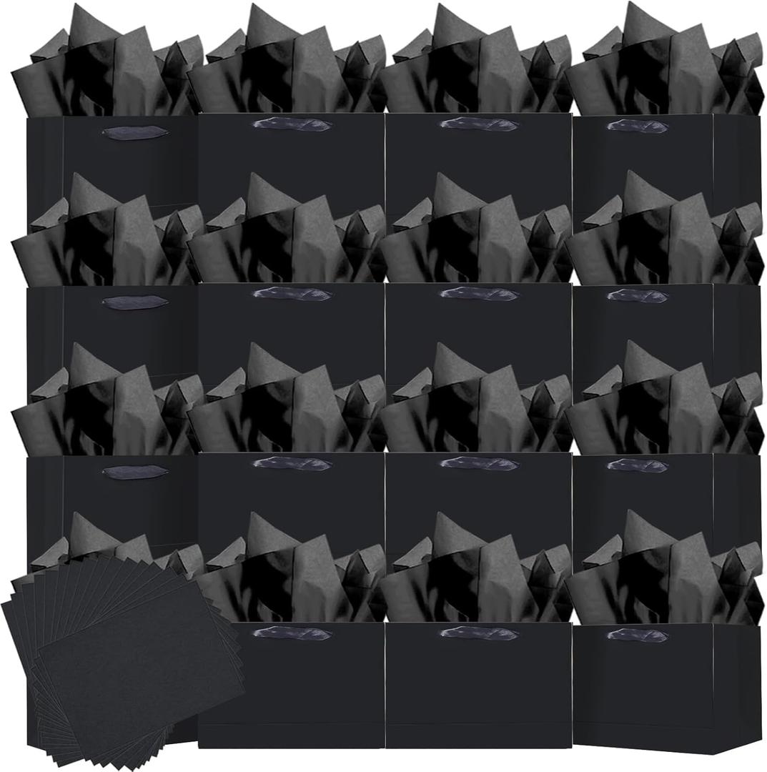 Qiqee 24PCS Black Small Gift Wide Bags with Tissue Paper Handles 6.3"x4.7"x2.4" Small Size Present Party Favor （24pcs Bags, Tissue Paper ）