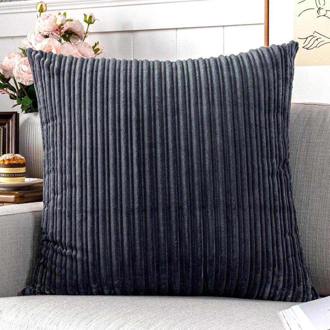 UGASA Corduroy Striped Soft Soild Decorative Square Throw Pillow Covers Set Cushion Cases Pillowcases for Sofa Bedroom, 1 Pc, 24x24inch, Dark Grey
