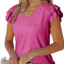 Dokotoo Women's Casual Ruffle Short Sleeve Tops Cute Solid Color Knit Ribbed T Shirts Blouses