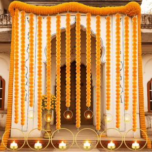 16 Pcs Marigold Garlands for Decorations Artificial Marigold Indian Garland Home Decoration for Pooja Diwali Traditional Indian Wedding Hanging Flower Decor Ganapati Decor(Orange)
