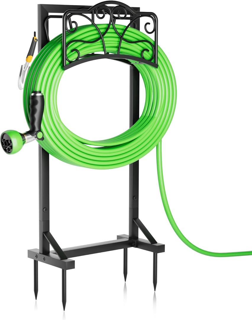 Heavy-Duty Garden Hose Holder with Tool Hooks and Stable Base, Metal Hose Hanger Garden Hose Storage Holds 160Ft, Rustproof Freestanding Water Hose Holder for Outside, Yard, Lawn, Farm (Holder 42.1in, Black)