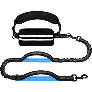 Hands Free Dog Leash with Zipper Pouch, Running Waist Leash for Dog Walking, Adjustable Waist Belt for Large Dogs, Reflective Bungee Design with Two Handle for Hiking, Training, Black