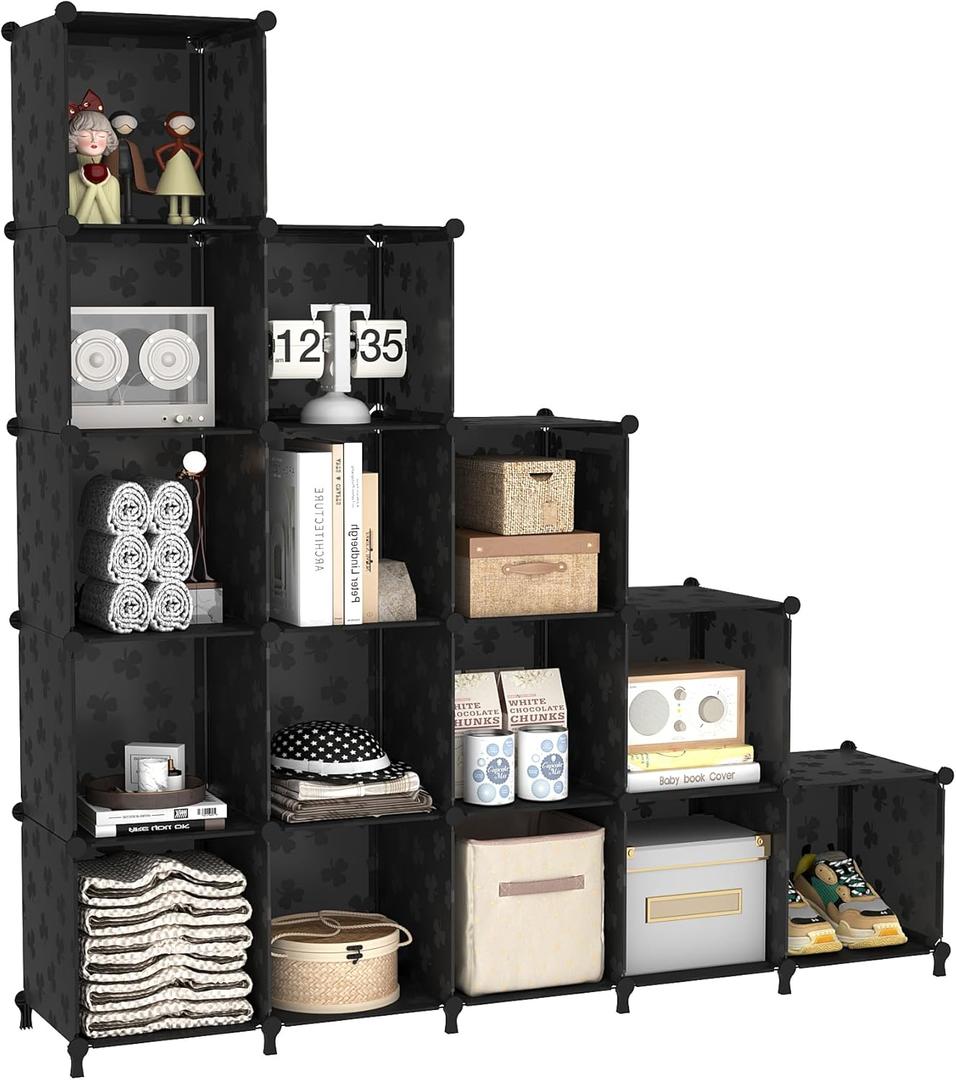 UNKU 15 Cube Storage Organizer, Bookcase Bookshelf with Pattern, Closet Organizer Cabinet, Storage Cube Shelf, Open Storage Shelves for Bedroom, Living Room, Home Office, Black