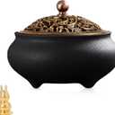 Coil Incense Burner Ceramic Cone Incense Burner Holder Suitable for Incense/Cone/Coil/Stick, Sage, Mosquito Incense, and Charcoal. Incense Holder+Fireproof Cotton Inside. (Black)