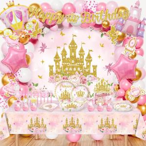 Princess Birthday Party Decorations, Princess Party Decor with Balloon Arch Kit, Banner, Backdrop, Wall Signs, Tablecloth, Plates, Napkins, Forks, Cake Topper, Cupcake Toppers