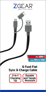 Pack of 2 Gear Extended Length USB-C and Micro USB Sync & Charge Cable - Gray/Black, 6 ft