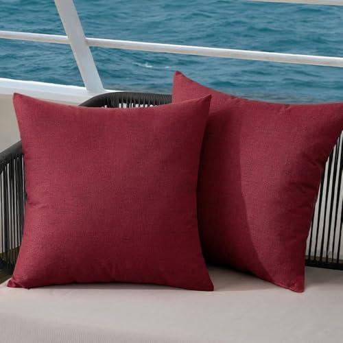MIULEE Pack of 2 Outdoor Throw Pillow Covers Waterproof Decorative Soft Pillowcases Linen Farmhouse Square Cushion Shams for Patio Balcony Couch Garden 18x18 Inch，Burgundy Red
