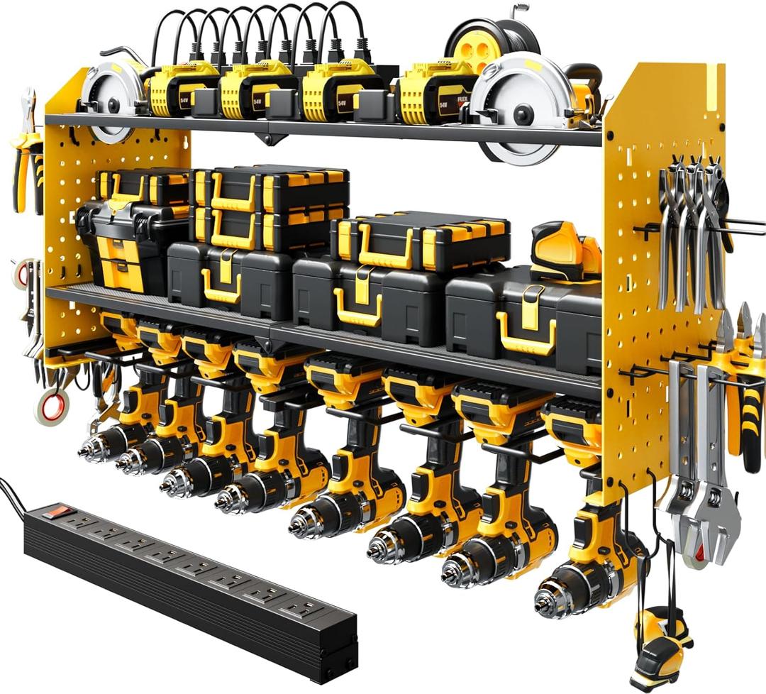 Power Tool Organizer Wall Mount with Charging Station, Large 8 Drill Holder Heavy Duty Metal Tool Holder & Storage Rack for Garage Organization 8 Outlet Power Strip Tool ShelfYellow