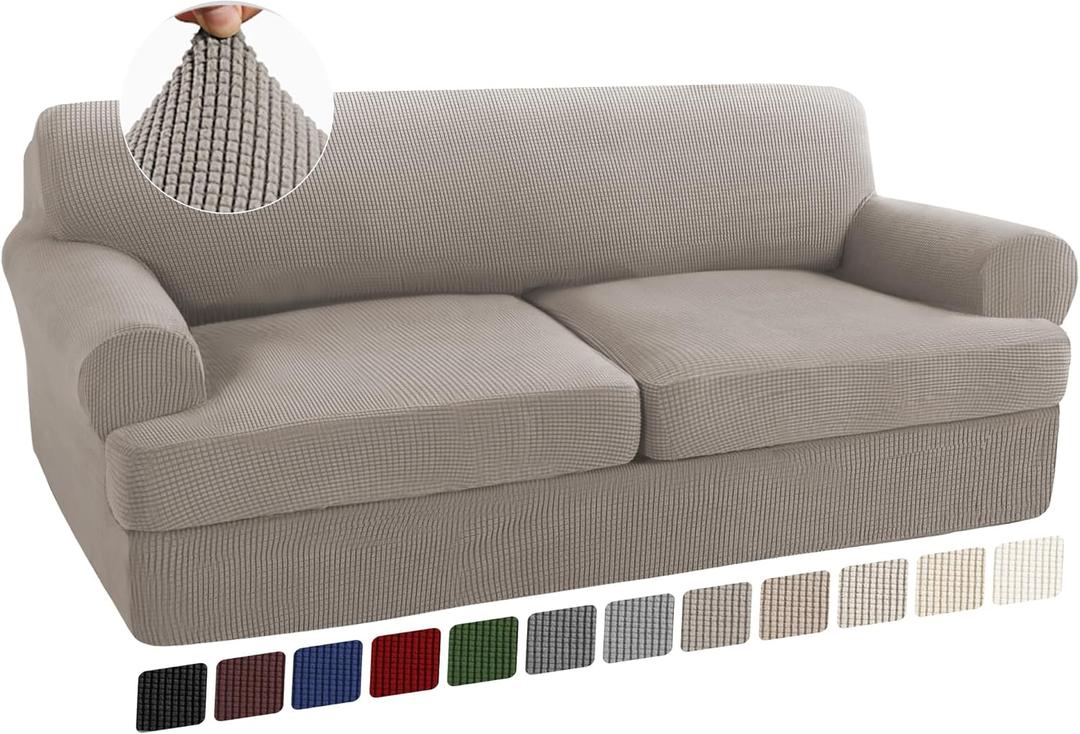 Turquoize 3 Piece T Cushion Sofa Slipcovers Sofa Cover for T Cushion Sofa Couches Stretch Couch Cover Furniture Covers with 2 Individual T Cushion Covers, Machine Washable (2 Cushion Sofa, Taupe)