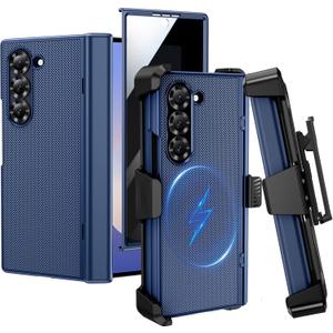 VEGO for Z Fold 6 Case with Belt Clip Holster, Compatible with MagSafe, [Hinge Protection][Privacy Screen Protector] Magnetic Anti-Peeping Slim PU Leather Cover for Samsung Galaxy Z Fold 6 5G - Blue