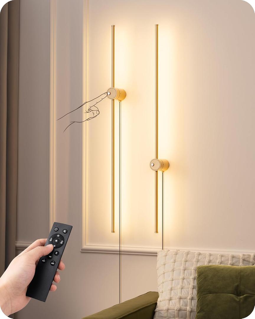 EDISHINE Plug in Wall Sconces, Stepless 2700K-6000K Dimmable Wall Sconce Set of Two, 39.4" Touch LED Wall Light with Remote, 350 Rotation Night Light with Timer for Living Room Bedroom Hallway