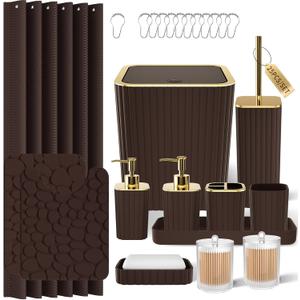 XLHOMO Bathroom Accessories Set - 25PC Brown Bathroom Sets with Shower Curtain and Rugs, Bathroom Accessory Set, Brown Shower Curtain Set, Trash Can, Qtip Holder Dispenser & Soap Dispenser