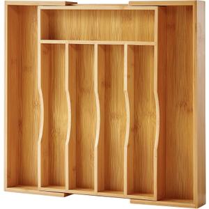 Expandable Bamboo Kitchen Drawer Organizer for Cutlery and Utensils, Adjustable Bamboo Wood Cutlery Tray in Drawer for Flatware and Silverware in Kitchen, (Natural) (7 Slots Expandable)