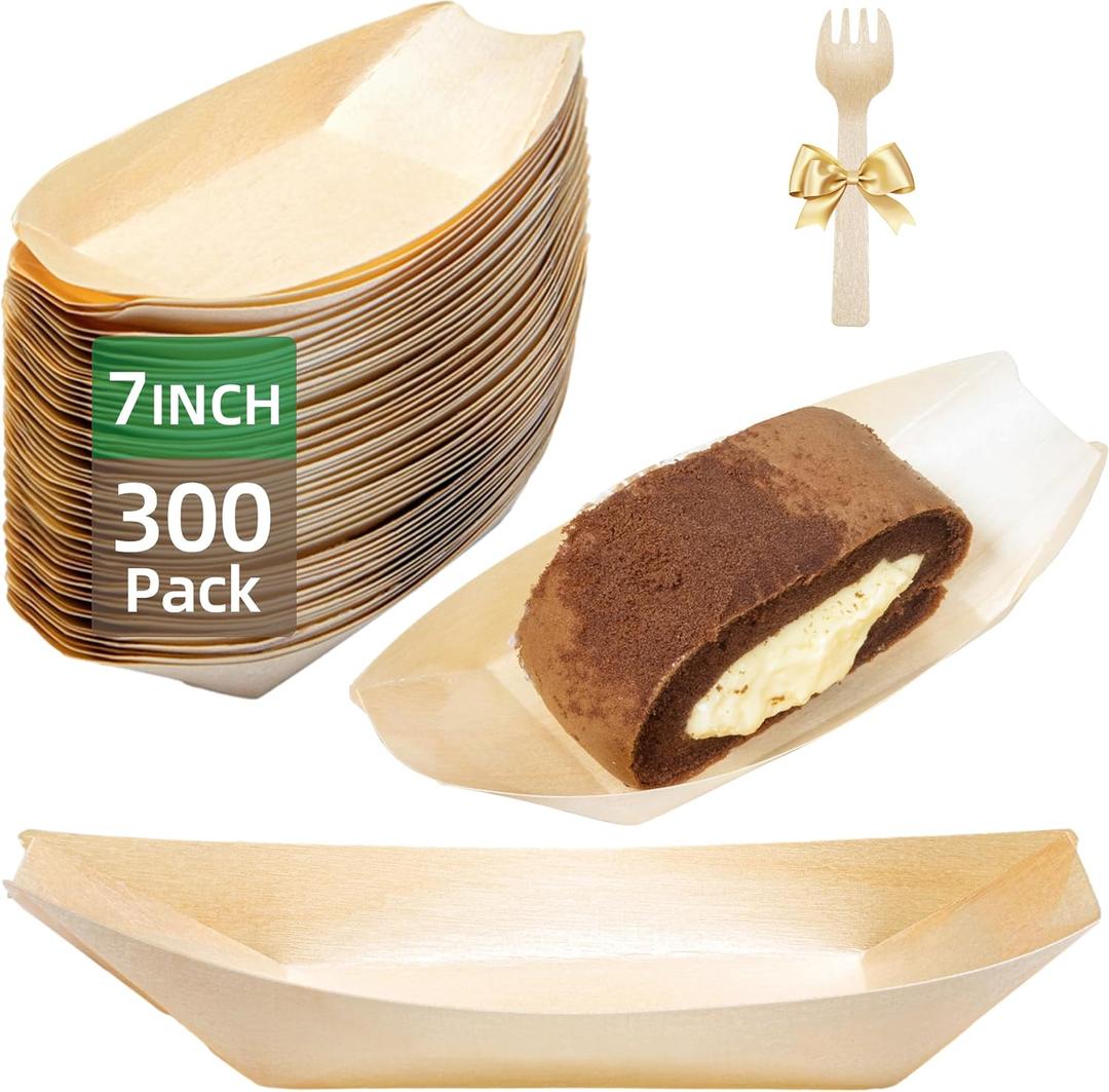 300-Pack Wooden Disposable Plates 7 IN Boat Plates Food Trays Disposable Sushi Plates Food Boats for Party Weddings Picnic (Actual Size Used: 3.94" D x 2.28" W x 0.79" H)