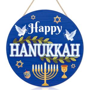 TOARTi 3D Happy Hanukkah Welcome Front Door Sign Hanging(11.4x11.4''), Rustic Chanukah Candlestick Wall Decor, Farmhouse Jewish Holiday Party Wooden Home Decor for Home Office