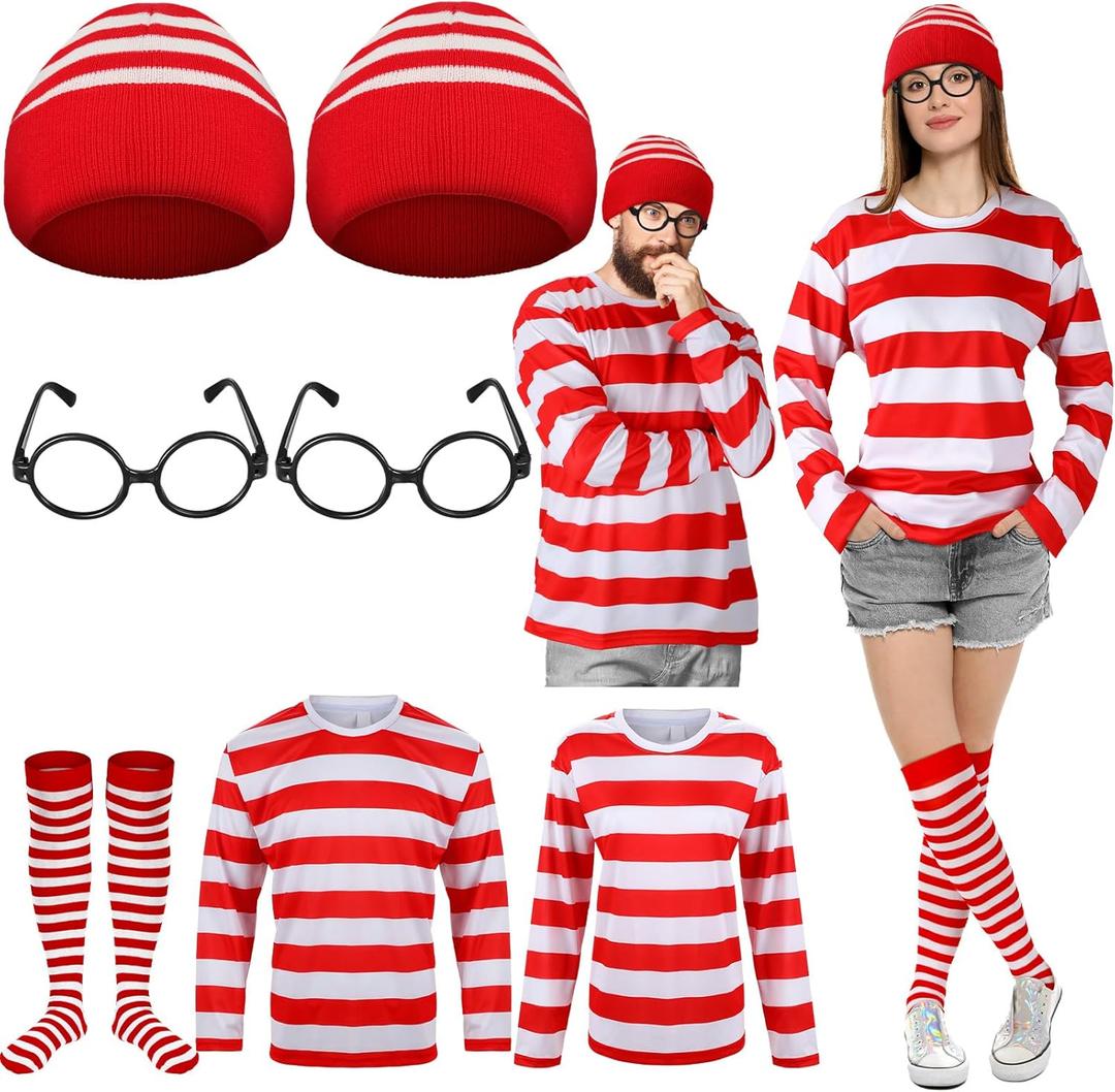 Hicarer 7 Pieces Halloween Cosplay Red and White Striped Shirt Adult Men Women's Halloween Costumes Sweatshirt Wizard Glasses Hat Sock Suits Youth Funny Sweatshirt Outfit Glasses Suits XL+ 3XL