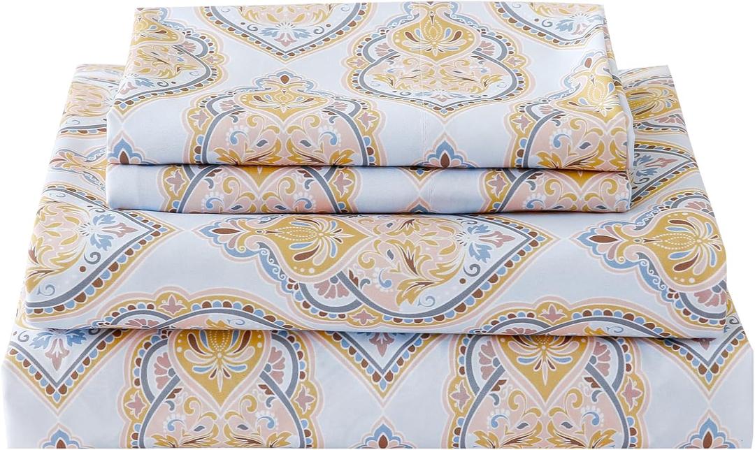 Queen Size Paisley Printed Sheet Set,4 Pieces Boho Style Breathable Soft Microfiber Bedsheets, Anti Pilling Deep Pockets Easy Care Bed Sheets, Yellow
