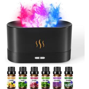 Set of 2 Colorful Flame Air Aroma Diffuser Humidifier - Essential Oils Set 6 Pack (8Hours Black)