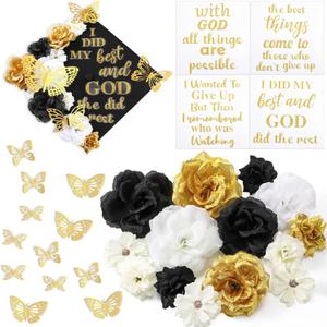 Knitgrip 31 Pcs DIY Graduation Cap Decorations Kit Faux Flower Heads 3D Butterfly Stickers Graduation Quotes Glitter Decals for Grad Hat Topper Nursing Graduations Party(Black, White, Gold)