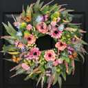 24 Inch Spring Wreath for Front Door Handcrafted Wreath Adorned with Eucalyptus Leaves Pink Blooms Butterfly, Year Round Wall Window Porch Home Farmhouse St Patricks Day Indoor Outdoor Decor