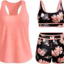 Daci Women 3 Piece Tankini Swimsuits - Tummy Control Bathing Suit Sport Bra Modest 2 Pockets Boyshorts 2026 Large, Orange Floral