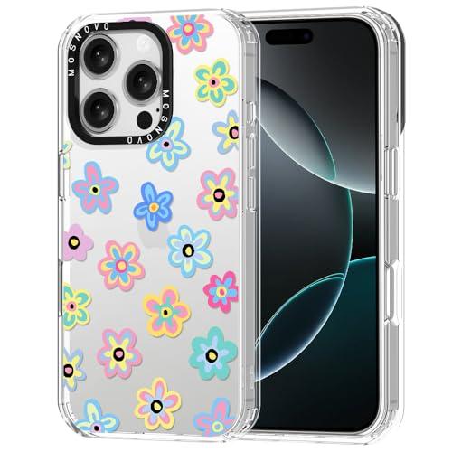 MOSNOVO Case for iPhone 16 Pro, [Buffertech 6.6ft Military-Grade Drop Protection] [Anti Peel Off Tech] Clear TPU Bumper Phone Case Cover Design - Groovy Flower