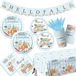 Hello Fall Decorations Tableware, 142 Pcs Blue Plaid Fall Pumpkin Decorations includes Pumpkin Plates and Napkins, Hello Fall Plates and Napkins for Harvest Blue Thanksgiving Decorations