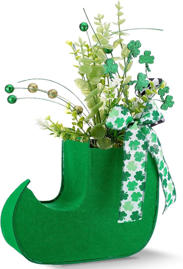 St. Patrick's Day Table Decorations Boot Vase with Artificial Flowers 17.7 Inch Irish Leprechaun Flower Vase Green Shamrock Elf Planter Pot Centerpieces for Table Home Party Decor
