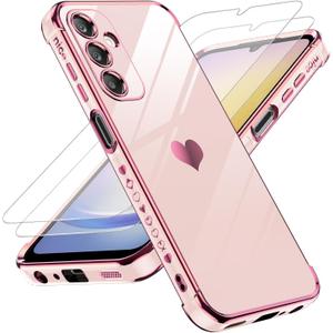LeYi for Samsung Galaxy A25 5G Phone Case: with Tempered Glass Screen Protector [2 Pcs]+ Full Camera Lens Protection, Love Heart Plating Women Luxury Soft TPU Shockproof Case for Samsung A25 5G, Pink