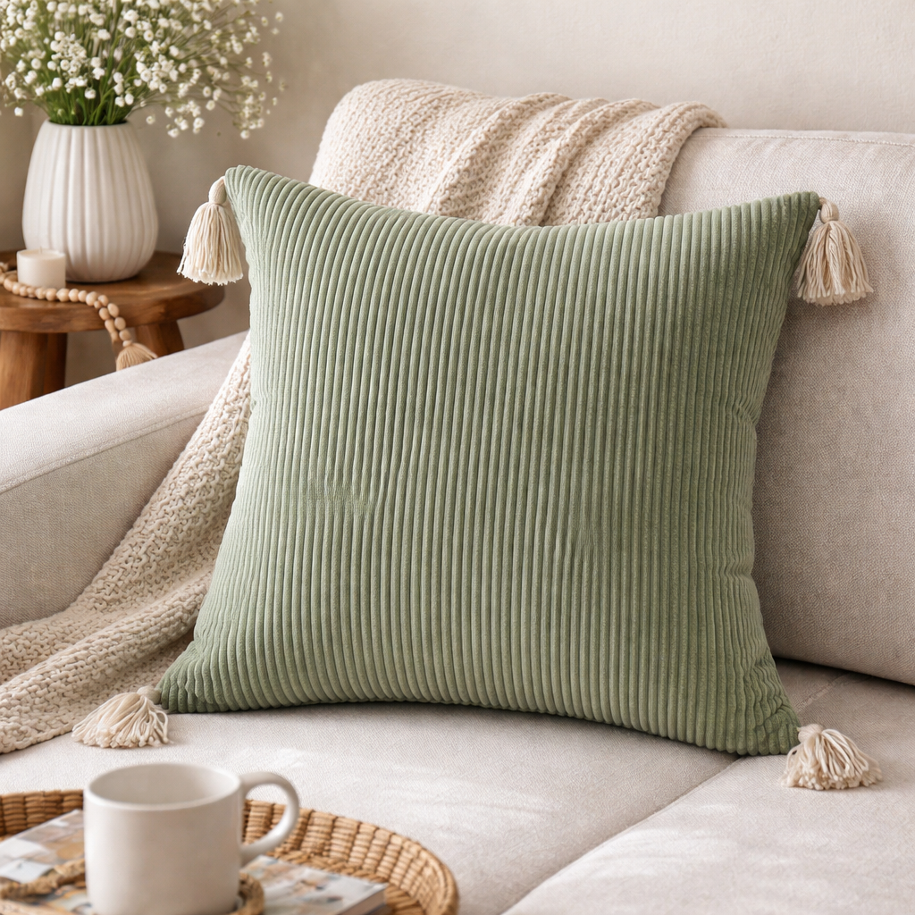 MIULEE Boho Farmhouse Sage Green Throw Pillow Covers 18x18 Inch Set of 1 Modern Nordic Cushion Covers Soft Corduroy Spring Home Decor for Couch Bed Sofa Living Room Forest Green