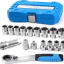 3/8 & 1/2 Pass Through Socket Set, 17-Piece Metric 12-Point Go-Thru Sockets with 2-in-1 Ratchet (72-Tooth), Adapter, Extension Bar & Sturdy Case, CR-V Steel