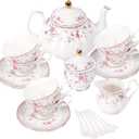 fanquare Vintage Porcelain Tea Set for Women Tea Party, Cup and Saucer Set for 6, Wedding Floral Teapot Set for Adults, Pink Rose