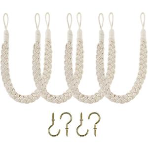 Home Queen Hand Braided Curtain Tiebacks, Buckle Holdback Drapery Curtain Tie Back, 4 Rope Cotton Belt Curtain Tie with 4 Metal Hooks, Off White