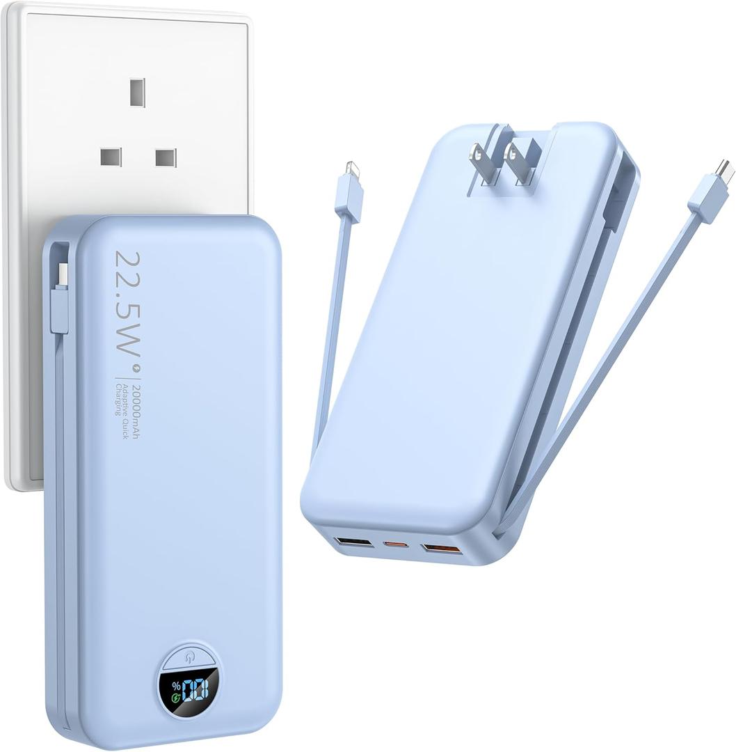 Portable Charger with Wall Plug, 20000mAh USB C Power Bank Fast Charging, External Battery Pack with Built in Cables, Digital Display, 5 Output 2 Input for iPhone Android Cell Phone Tablet (Blue)