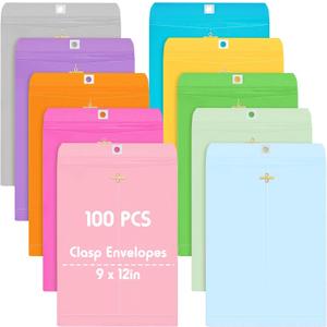 Geyee 100 Pcs Clasp Manilla Envelopes 9 x 12 Inch Gummed Colored Envelopes for Storing or Mailing for Home Office Business Supplies
