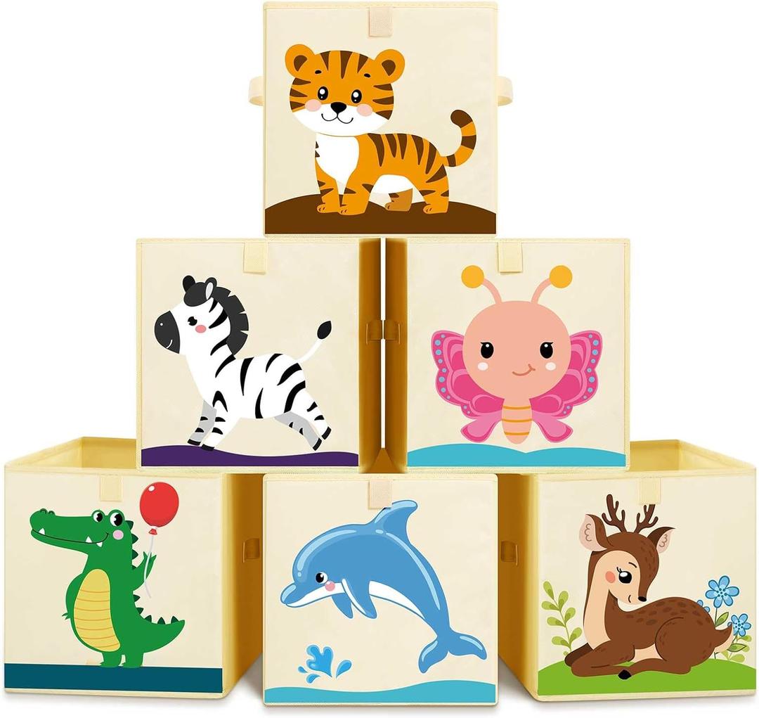 Kigley 6 Pcs Collapsible Cube Storage Bins Kids Foldable Storage Cube Organizer Fabric Toy Box Decorative Kids with Handles for Home Nursery Bedroom, 10.6 x 10.6 Inch(Vivid Animal)