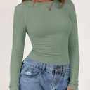 PRETTYGARDEN Long Sleeve Shirts for Women Fall Going Out Tops Casual Ribbed Knit Slim Fitted Basic Tees Y2K Spring Clothes (Green, XL)