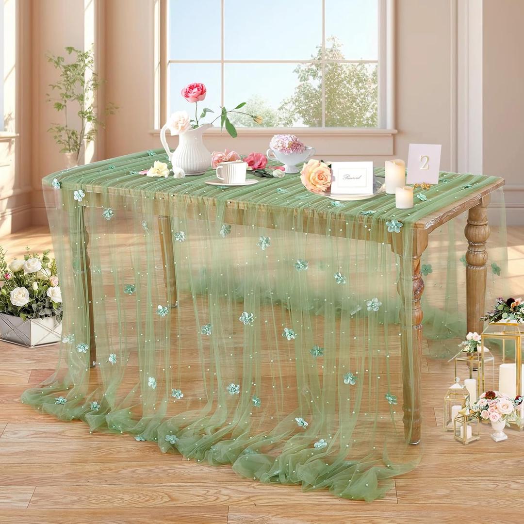 LuoluoHouse Sage Green Pearl Tulle Tablecloth: 10ft Green Flower Pearl Table Runner Tulle Fabric Wedding Lace Tablecloth Arch for Bridal Shower Veil Baby Shower Sweetheart Table Decorations