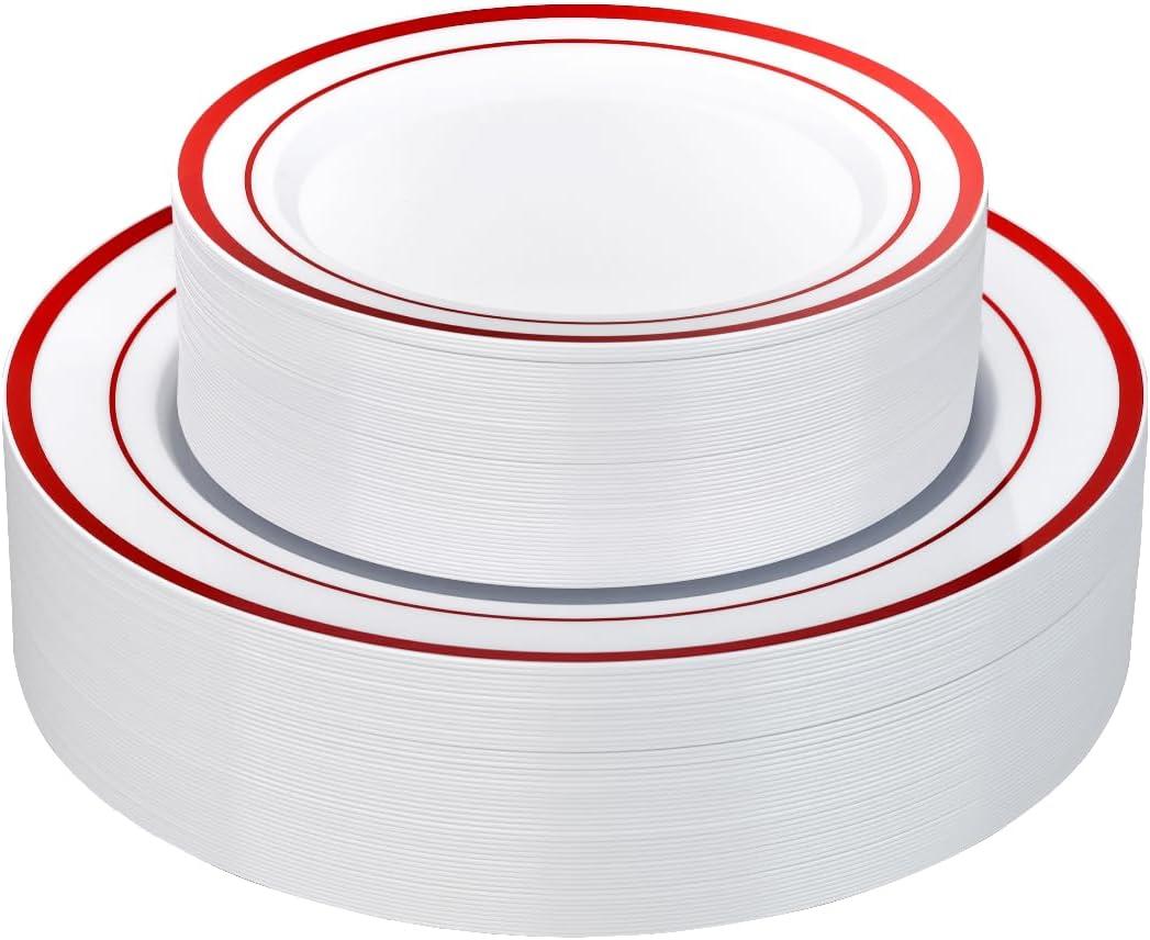 Goodluck 120 Pack Red Rim Plastic Plates - 60 Dinner Plates (10.25") & 60 Dessert Plates (7.5") - Heavy Duty Disposable White Plates with Elegant Red Trim - Premium Dinnerware Set for Wedding