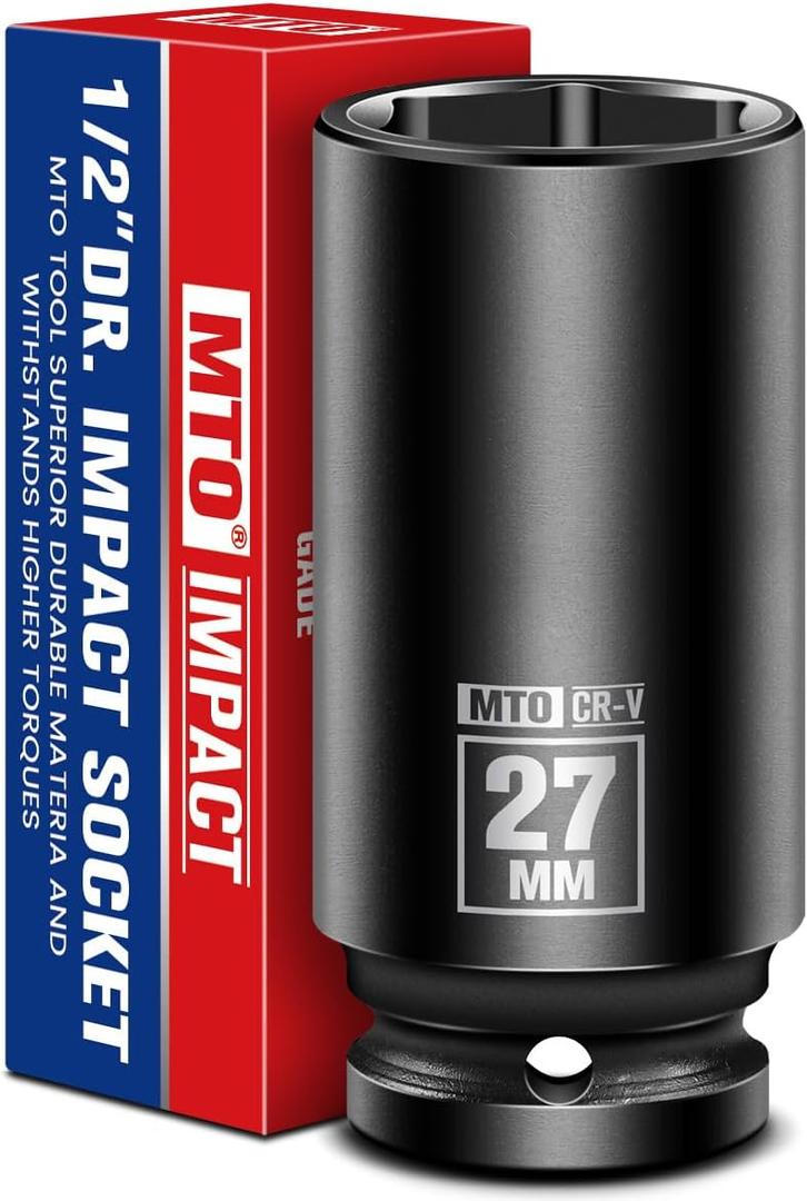 MTO 1/2" Drive 27mm Deep Impact Socket, 6-Point Metric Socket for Automotive Maintaince, CR-V Steel Meets ANSI Standards