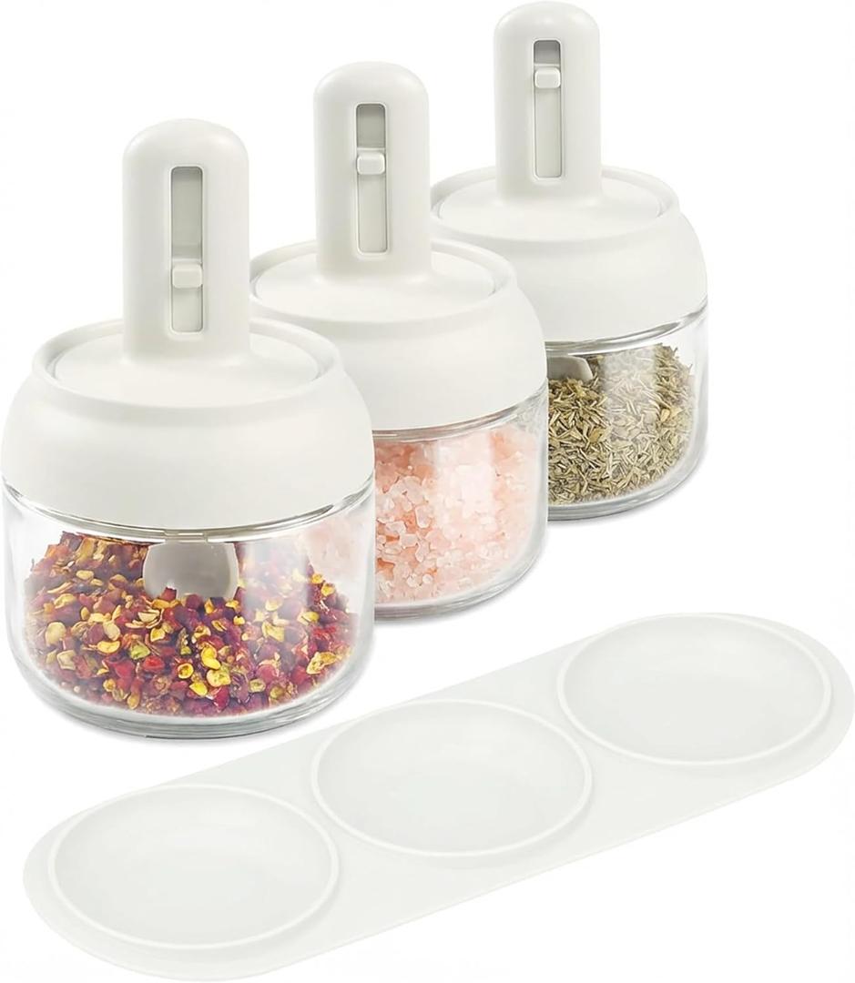 Povinmos 3 Piece Glass Salt Container | Storage | Pepper,Table Salt, Sugar,Gourmet Salts,Spice |Chili Herbs |10 oz |Glass Salt Container with Lid and Retractable Spoon