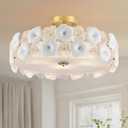 20" Gold Modern Semi Flush Mount Ceiling Light Fixture with Glass & Ceramic Flowers, 5-Light Glass Drum Chandelier for Living Room Dining Room Kitchen Bedroom Bathroom Entryway Hallway Closet Laundry