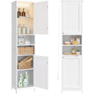 VASAGLE Tall Bathroom Cabinet with Lights, Slim Freestanding Bathroom Storage Cabinet with Adjustable Shelves, for Small Spaces, Modern, 15.7 Inches Wide, Cloud White UBBC766W02