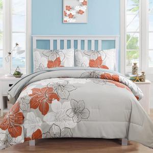Floral Comforter Set Queen Size, Terracotta Floral Pattern Printed on Light Grey, Soft Microfiber 7 Pieces Bed in a Bag (1 Comforter, 2 Pillow Shams, 1 Flat Sheet, 1 Fitted Sheet, 2 Pillowcases)