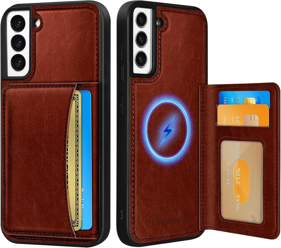 Uppuppy for Samsung Galaxy S21 Case with Wallet - Fits 4 Card Slots, Compatible with MagSafe for Women Men Aesthetic Durable PU Leather Credit Card Holder Kickstand Phone Cover for Samsung S21, Brown