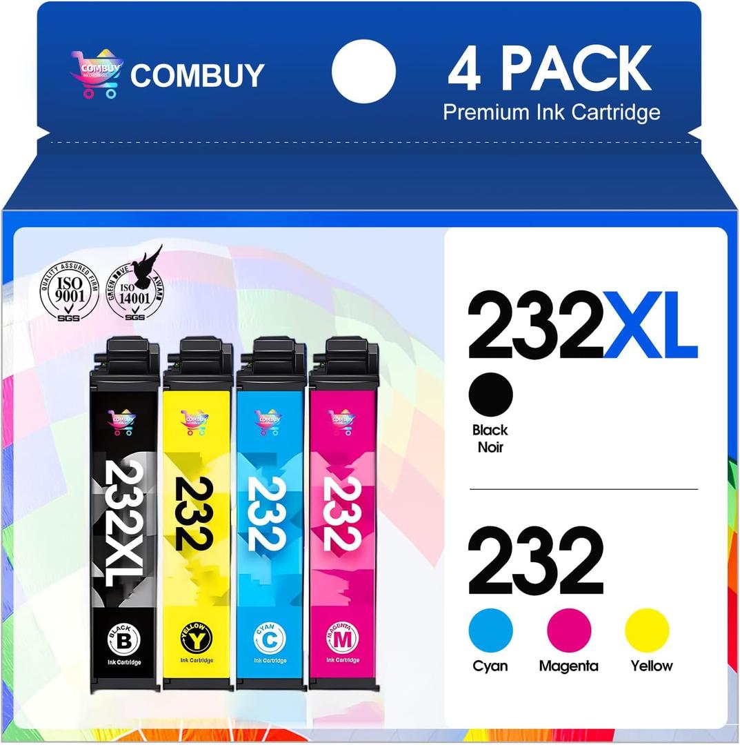 Remanufactured 232XL Ink Cartridges Replacement for Epson 232XL Cartridges Combo Pack Work for Expression Home XP-4200 XP-4205 Workforce WF-2930 WF-2950 (Black Cyan Magenta Yellow, 4Pack) (232XL 1 Black 1 Cyan 1 Magenta 1 Yellow)